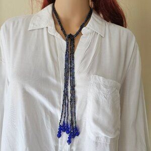 Peacock with Cobalt Blue Seed Bead Triple Strand Adjustable Necklace
